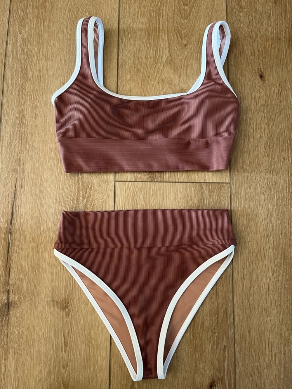 LainSnow Swim Kiawah Bikini Top and Bottom in Ribbed Sweet Tea Brown Size S